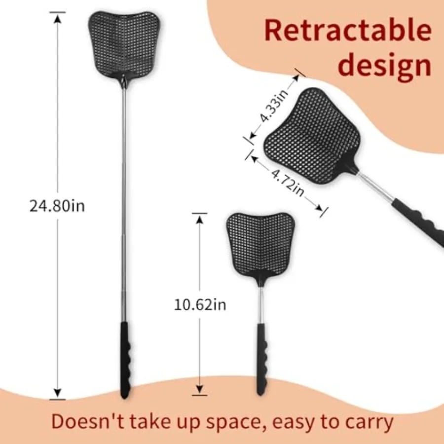 Fly Swatters 2 Pack, Durable Telescopic Stainless Steel Handle, Heavy Duty Black Bug Zapper Racket, Upgraded Plastic Fly Swatte
