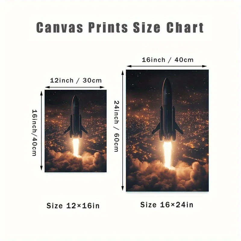 Rocket Launch Over City Canvas Print – Space Art, Night Sky with Clouds and Lights, Frameless 12×18 Inches for Home Office Decor