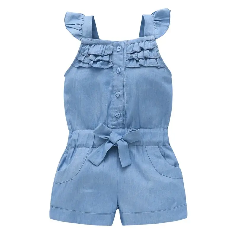 0-5Y Kids Girls Jumpsuit Children Denim Blue Cotton Washed Clothing Rompers Baby Girls Sleeveless Bow Jumpsuit Kids Overalls