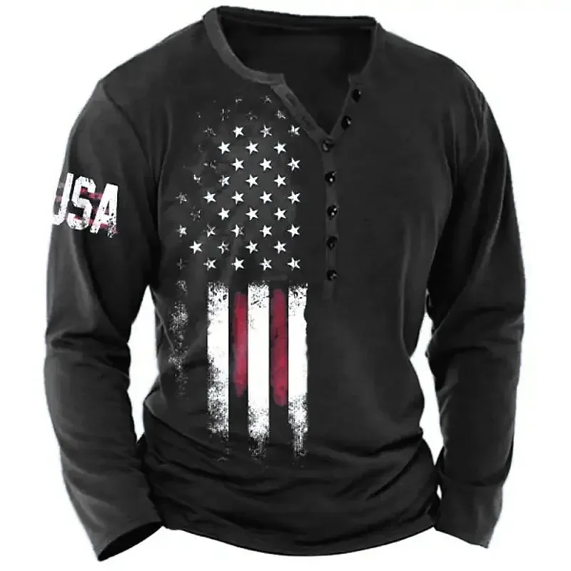 

Vintage T-shirt For Men American Flag Graphic T Shirts Cotton Tee 3D Print Long Sleeve V-Neck Tees Oversized Men's Clothing Tops