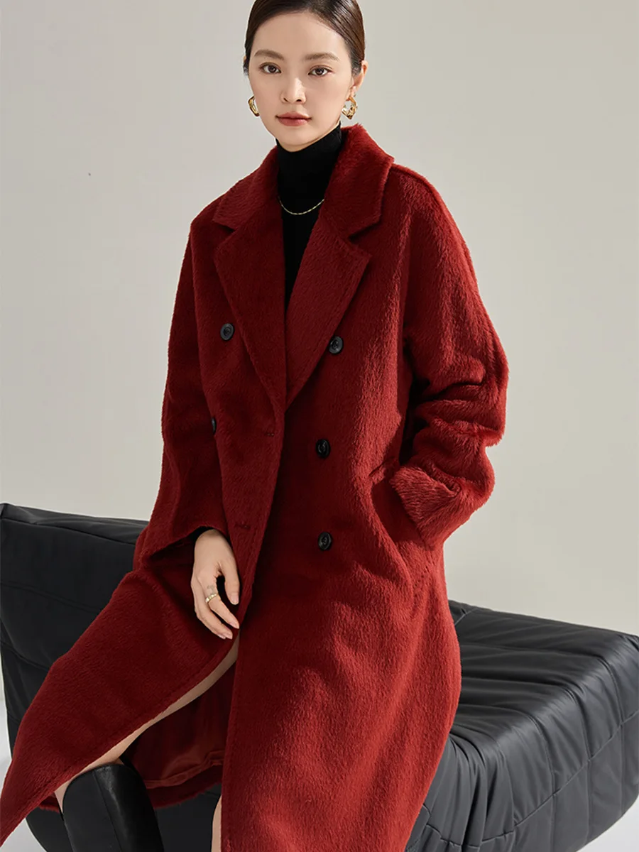 Winter Alpaca Coat Women's Loose Edition Red Wool Coat 2024 New Long Fleece Grey Casual Fashion Double breasted Coat Commuter