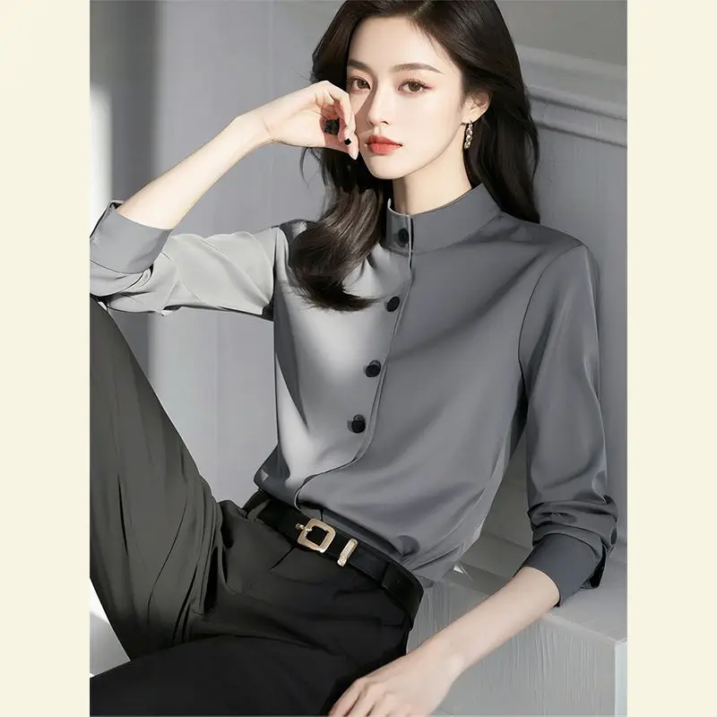 

Spring Fashion Buttons Solid Color Half Height Collar Blouse Ladies Office Lady Simplicity Slim Long Sleeve Shirts Women Clothes