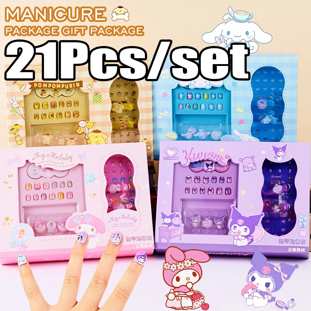 21Pcs/bag Sanrio Children Fake Nails 12Pcs Cute Melody/Kuromi/Pom Pom Purin False Nail Tips With File/Jelly Gel/Decal Nail Tips