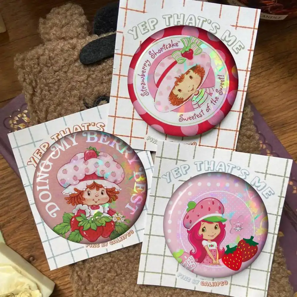 Cute S-Strawberry S-Shortcake-Girl Creative Pins Fun Round Snapin Brooch Badge Backpack Hat Accessories Jewelry Gifts for Friend
