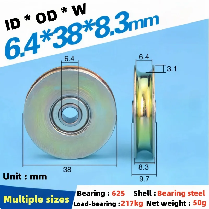 6 szt. Rolka prowadząca do lin stalowych 6,4x38x8,3 mm, otwór 6,4 mm, łożysko, średnica zewnętrzna koła 38 mm, z trójkątnym wspornikiem/wspornikiem L, rowek U