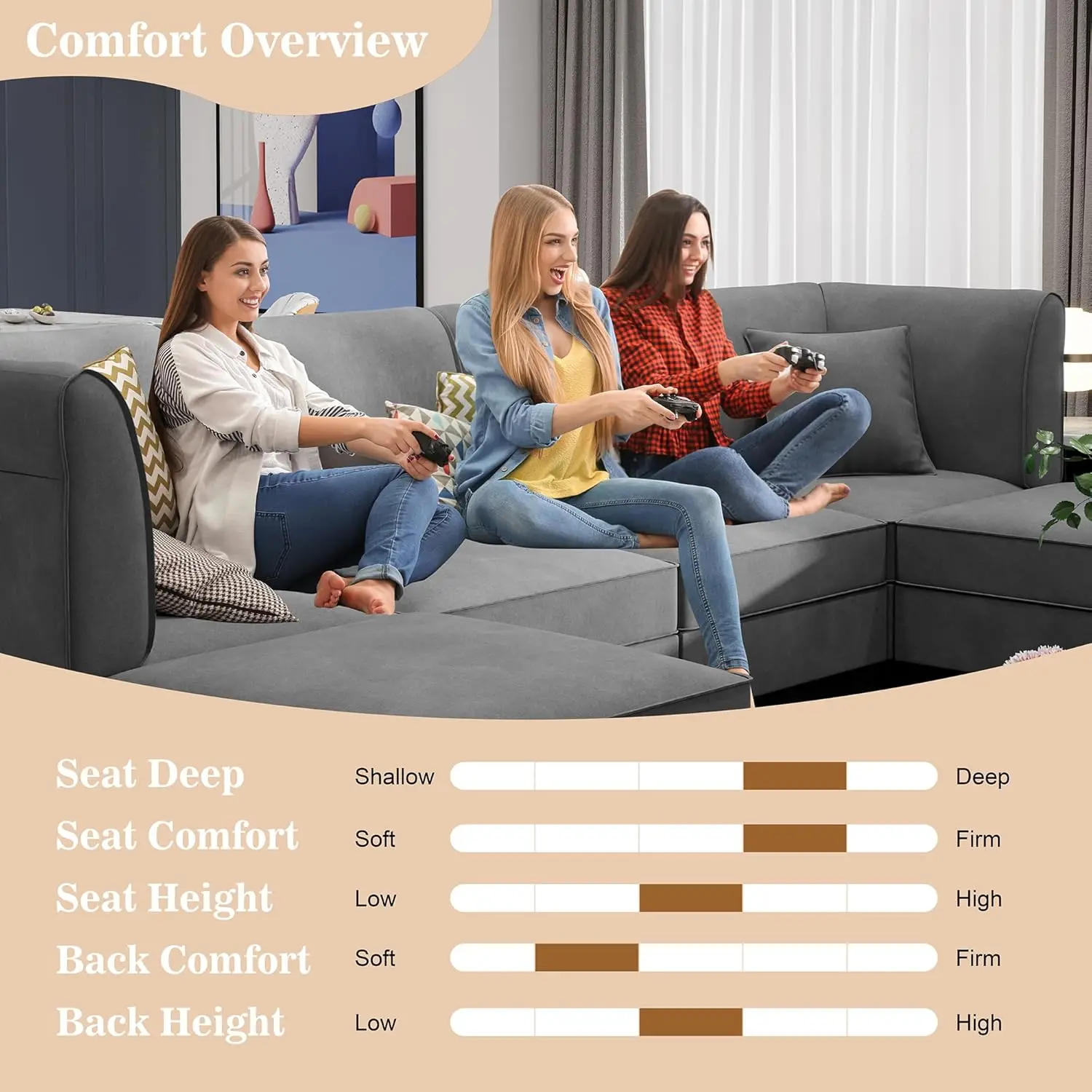 Sectional Modular Sofa with Reversible Chaise Velvet Couch Sofa Modular Large Sectional Couch with Ottoman