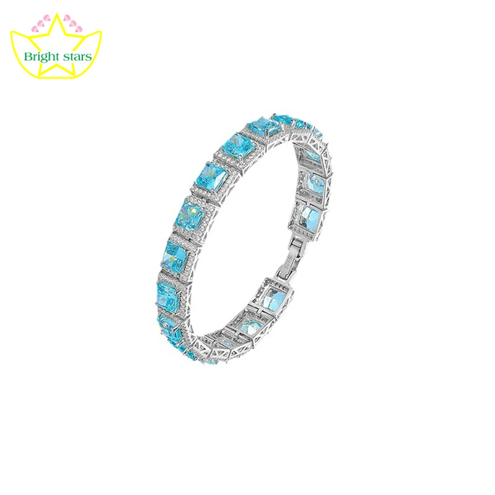 Bright Stars Sweetheart Square Diamond sea blue Jewel Bracelet 925 silver rock sugar Zircon diamond bracelet