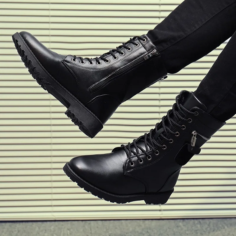 Men's High-top Boots Fashion Motorcycle Boots Metal Side Zip Leather Boot Plush Warm Winter Boots for Men Casual Business Botas - Image 6