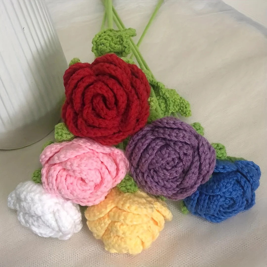 6pcs Knitted Artificial Rose Flower, Crochet Flowers Hand Woven Rose With Long Stem Rose Bouquets For Floral Arrangements Party