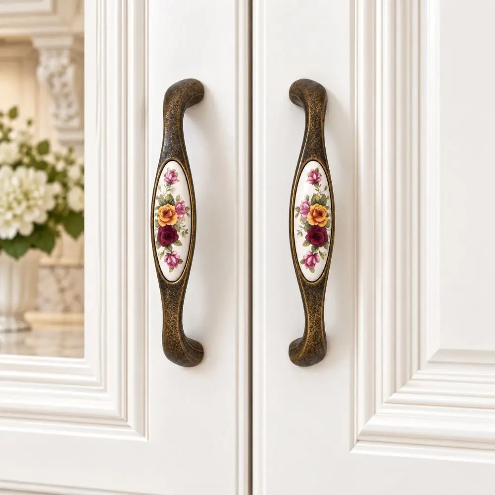 Zinc Alloy Ceramic Cabinet Pull Floral Pattern Smooth Antique Bronze Drawer Handle Multiple Sizes Retro Vintage Furniture Knob