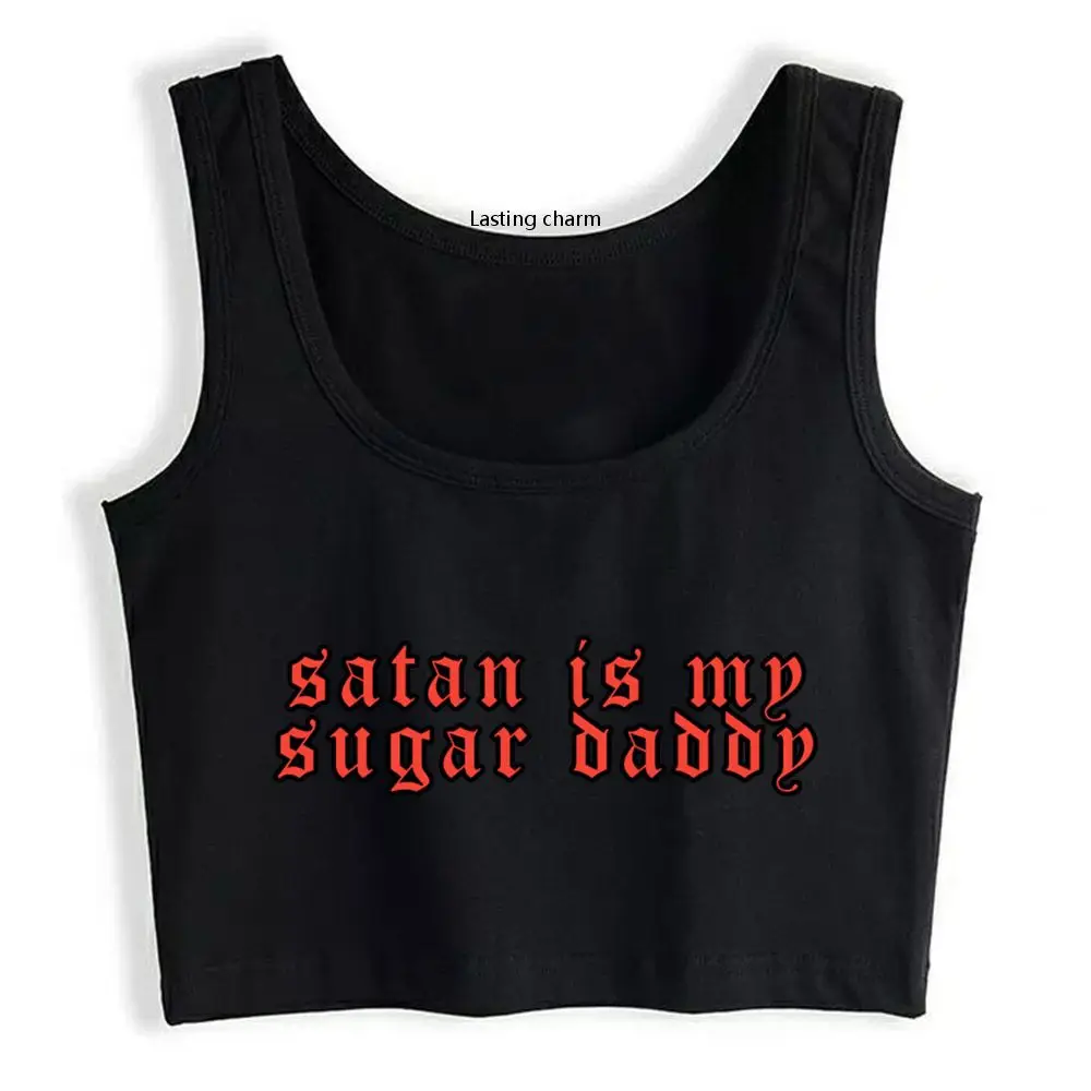 Satan Is My Sugar Daddy Harajuku Print Tank Top Women Breathable Slim Fit Sports Crop Top Summer Camisole