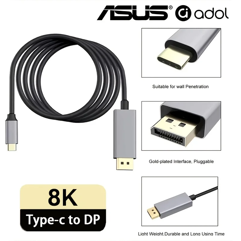 Cable USB-C a DP compatible con ASUS, DP a DP 8K@60Hz, Cable de Pantalla Tipo C2.1 a 4K 144Hz 1.4, Thunderbolt 3 4 para MacBook