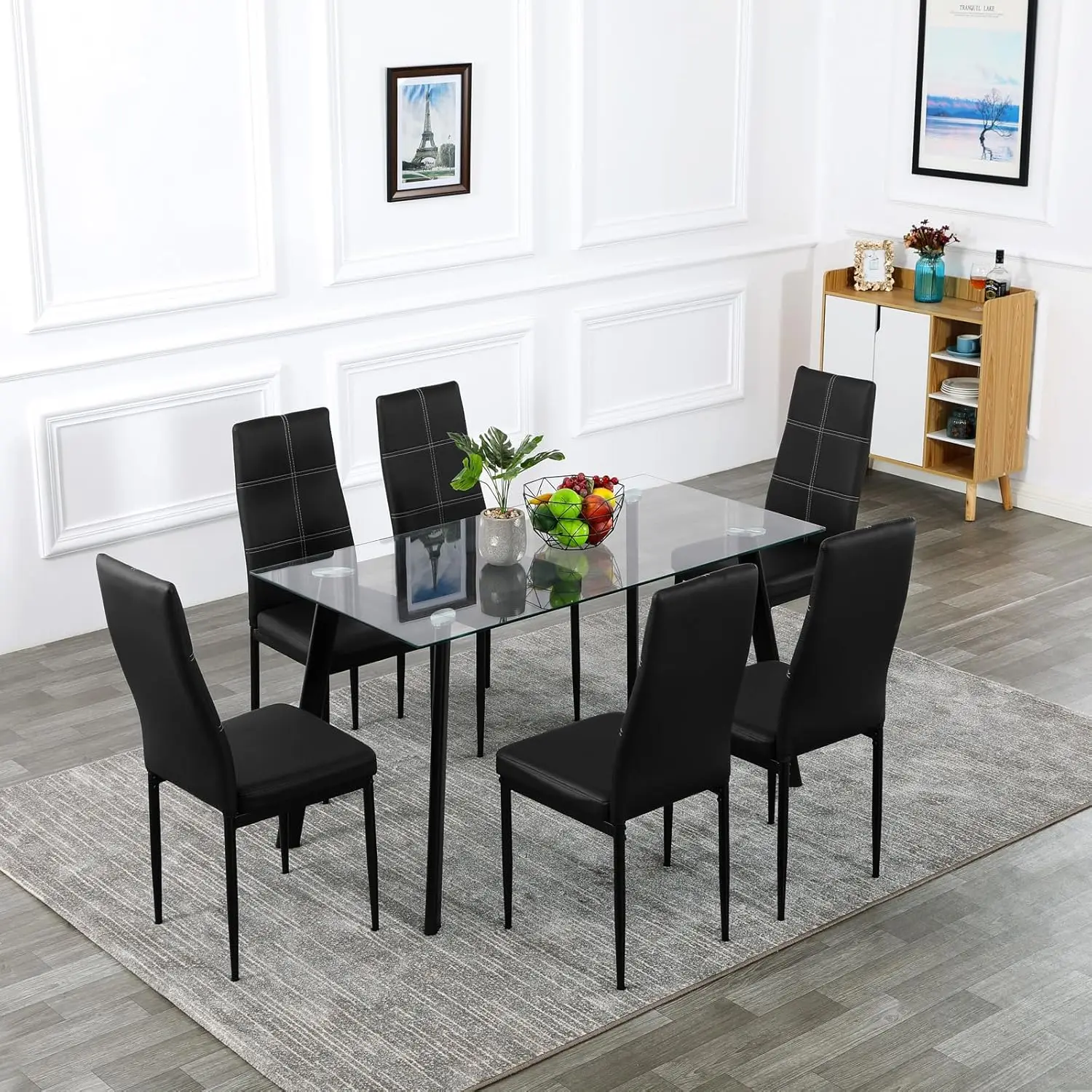 NEW 7 Pieces Dining Table Set,Glass Dining Table Set for 6,Kitchen Dinner Table with 6 Chairs,Dining Room Set for 6