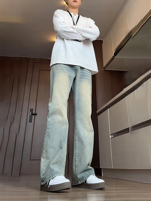 Slim Fit Bell Bot Men's Jeans Vintage High Street American Sle Spring Autumn Wear Resistant Cotton Polyester Blend