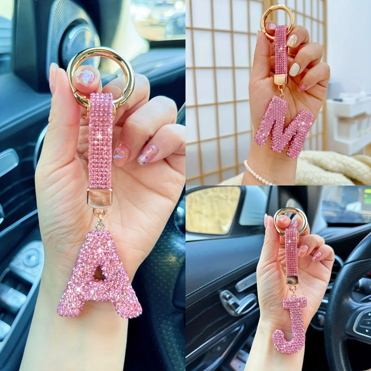 1 Uds. Llavero con letras elegante, accesorio para llaves, bolsos, llavero de coche con diamantes de imitación rosas, regalo para mujer, mochila, decoración encantadora