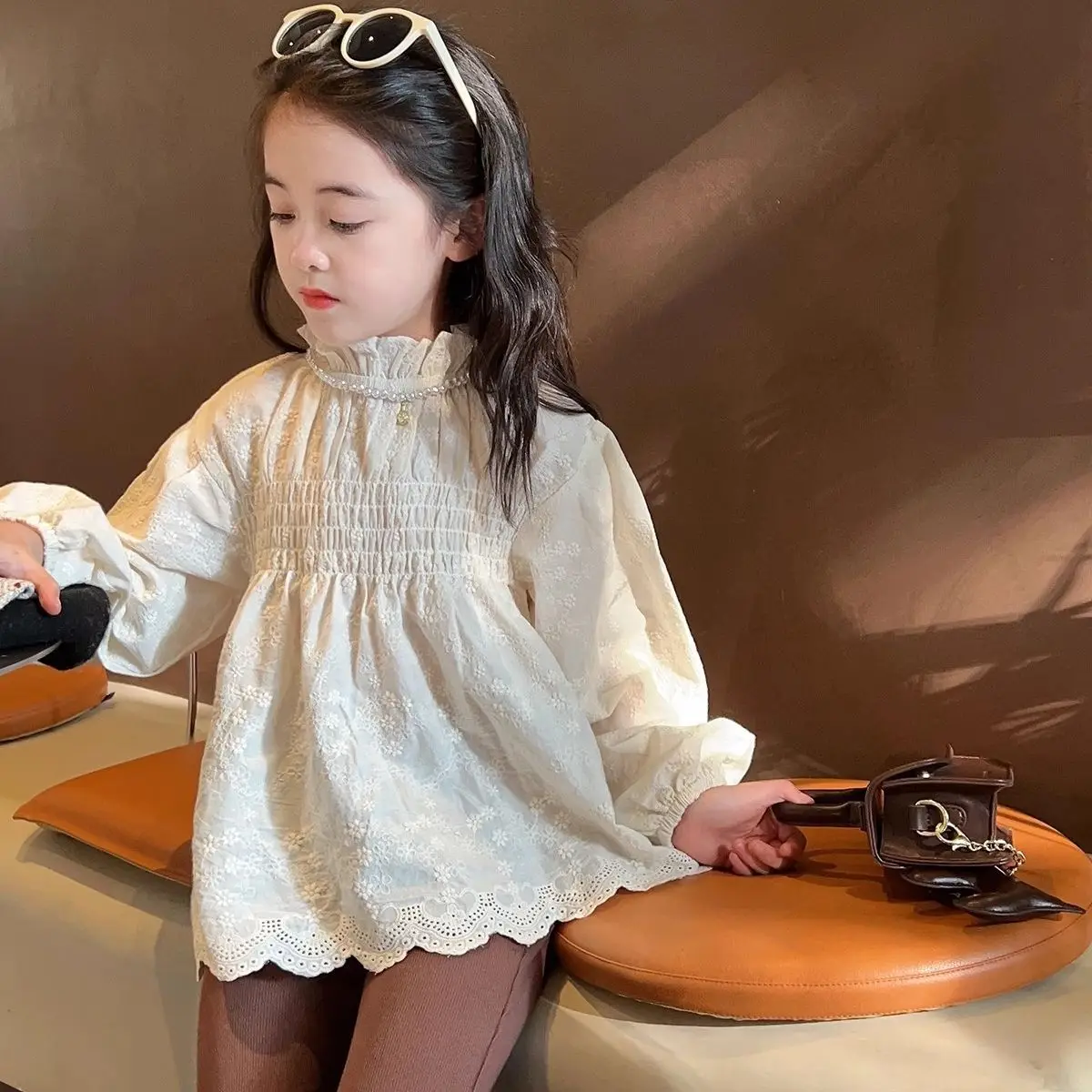 Shirt Stand Collar Embroidery Dark Floral Pleated Top Coat for Autumn  New Cute New Durable and Fashionable Children's Clothing