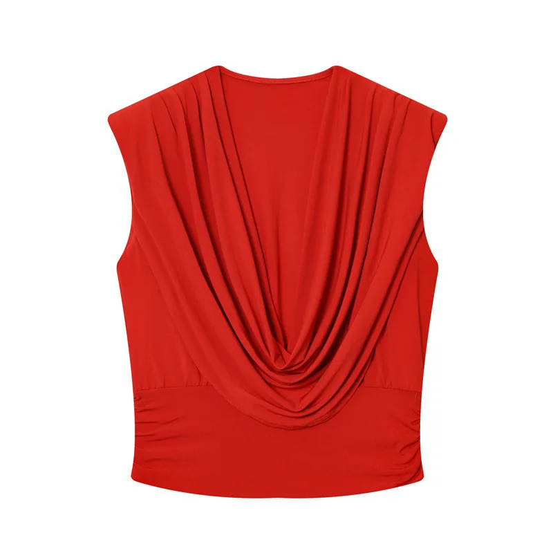 Deep V Neck Fashionable Elegant Versatile Sleeveless Ruched Padded Shoulder Top Vest