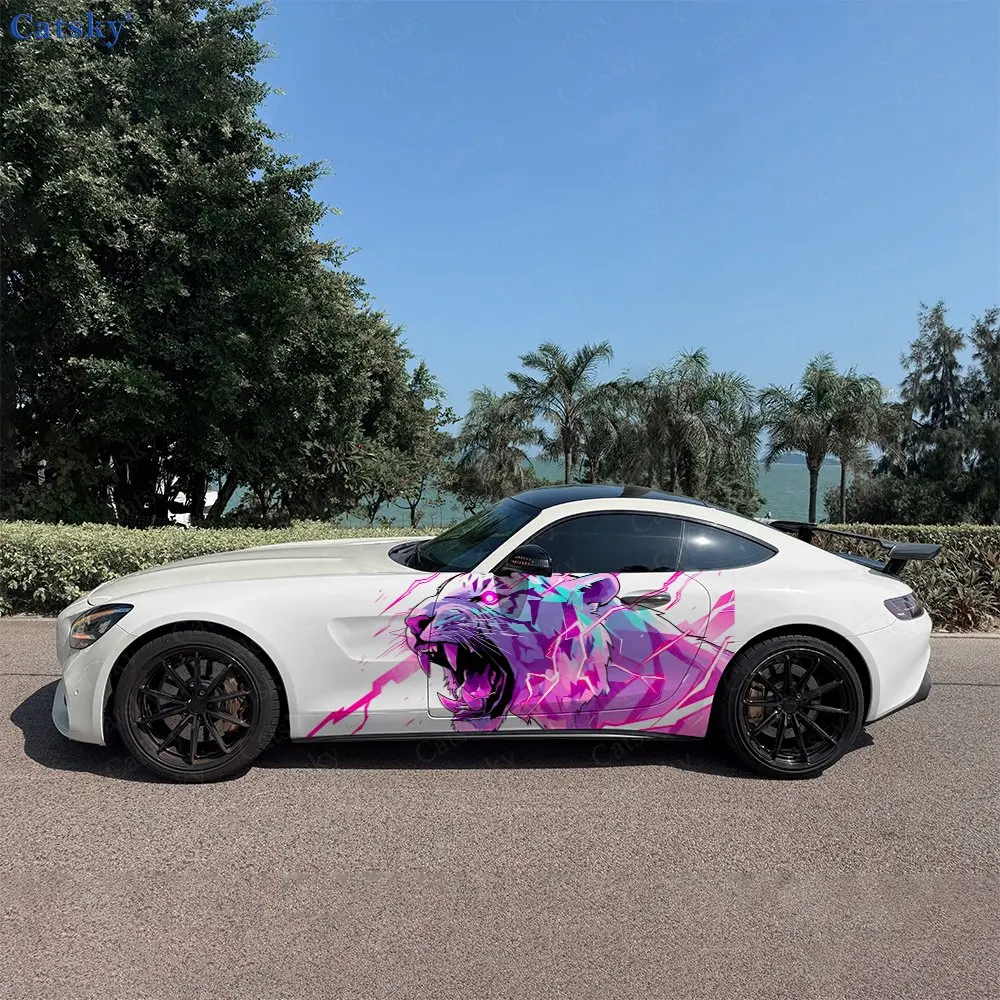 2pcs Electric Purple Roaring Tiger Car Side Wraps, Self-Adhesive PVC Waterproof & Scratch-Resistant Stickers, Car Accessory Gift