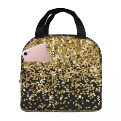 Black And Gold Glitter Pattern Insulated Lunch Bags Portable Picnic Bags Thermal Cooler Lunch Box Lunch Tote for Woman Work Kids