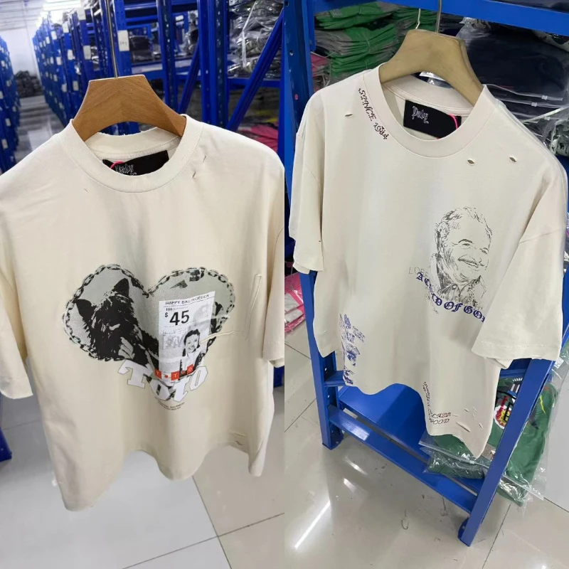 Streetwear Rhinestone Paly T-shirt Loose Casual Ripped Graffiti Print Tops Breathable Cotton Apricot Short Sleeve Tee
