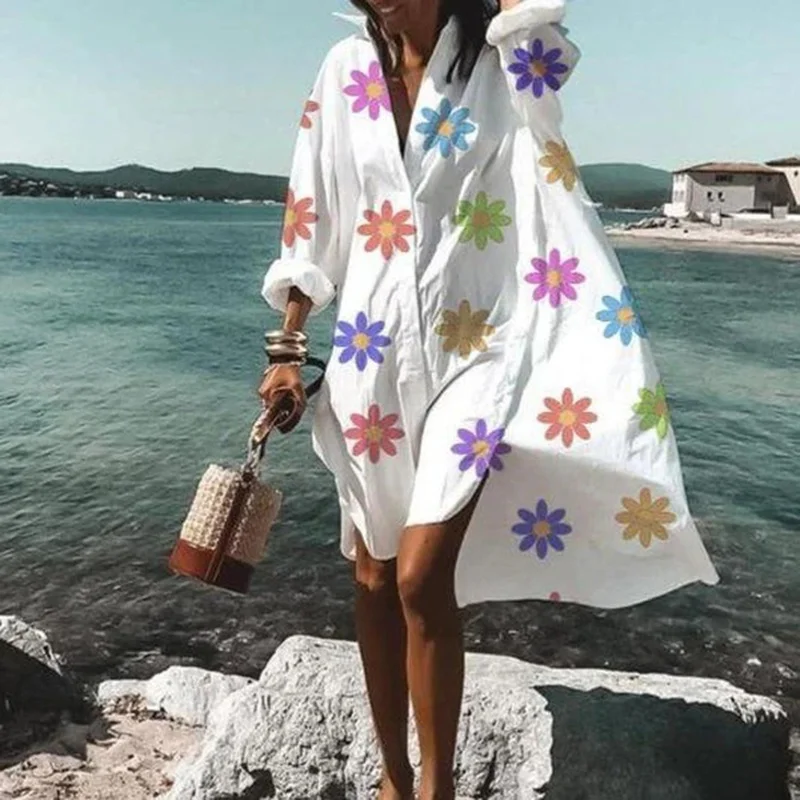 2023 Women\'s Beach Cover Dress Oversized Swimwear Cover Up Shirt Dresses Printing White Boho Plus Size Beach Dress