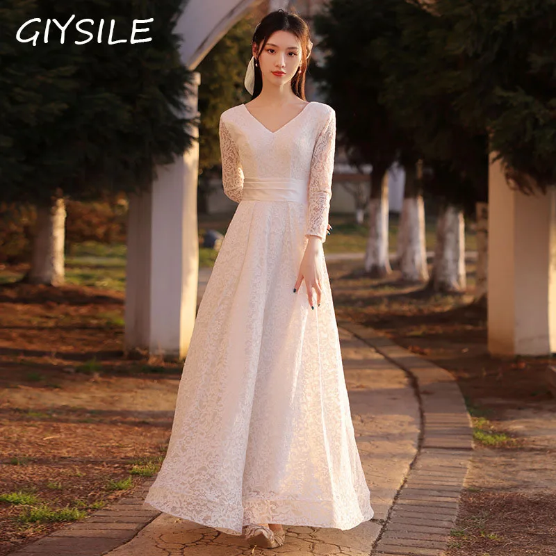 GIYSILE-Vestido de casamento leve para mulheres, vestido com decote em v, renda simples, vestidos românticos elegantes, festa de aniversário