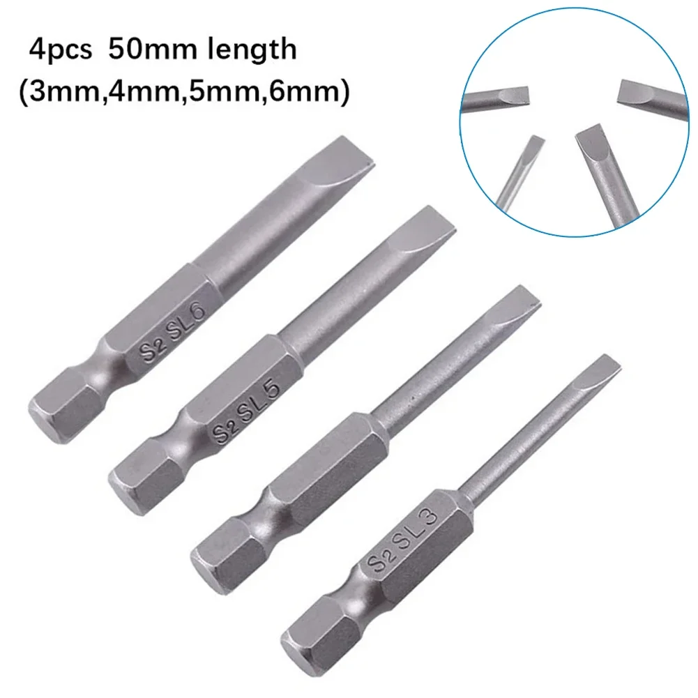 4Pcs/set 50mm Magnetic Special Slotted Screwdriver Bit Flat Head 1/4in Hex Shank Screwdriver Bits For Socket Switch Hand Tools