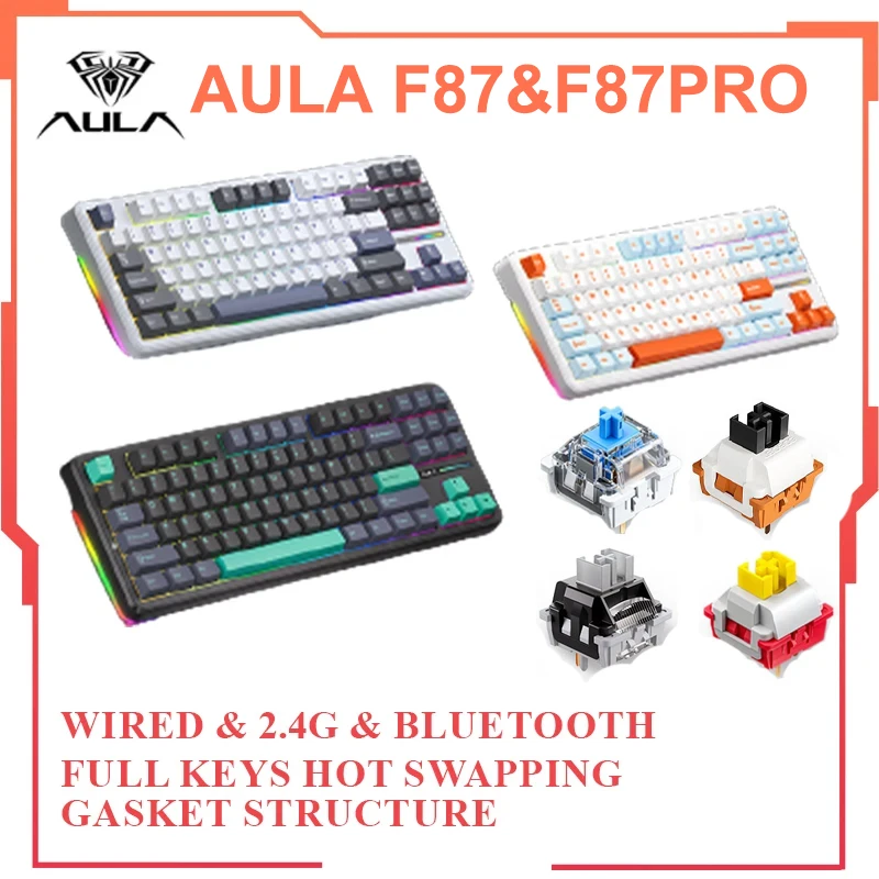 Aula F87 Teclado Mecânico Sem Fio, Com Fio, 2.4g, Bluetooth, 87 Key, Hotswap, RGB, PBT, Jogos, 3 Modos