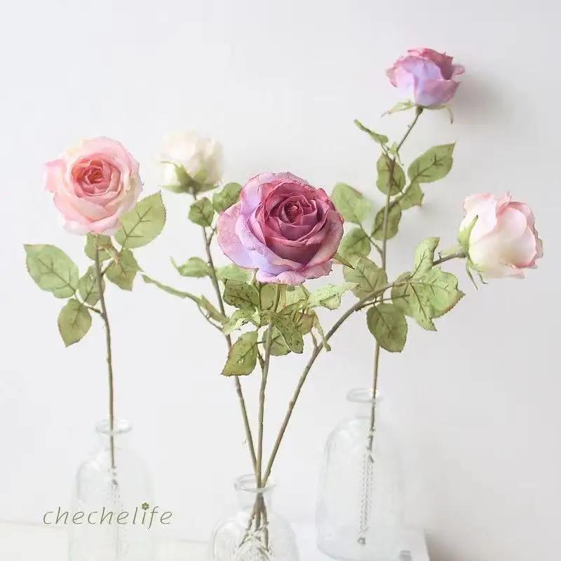 26in Artificial Vintage Edge Rose for Home Table TV Cabinet Wedding Centerpiece Photography Prop Decor