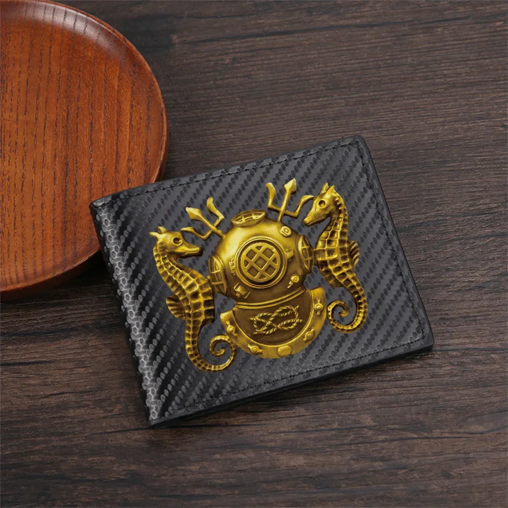 Diving helmet trident seahorses gold emblem Men's Wallets Simple Business Modern Stylish Printing Design Gifts For Father Boyfri
