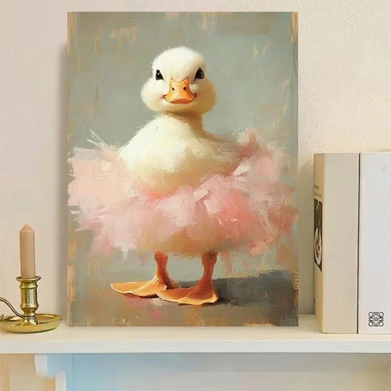 Multiple sizes 1pc frameless Canvas Painting,Funny Cute Little Yellow Duck in A Pink Ballet Poster and Prints Canvas Painting Wa