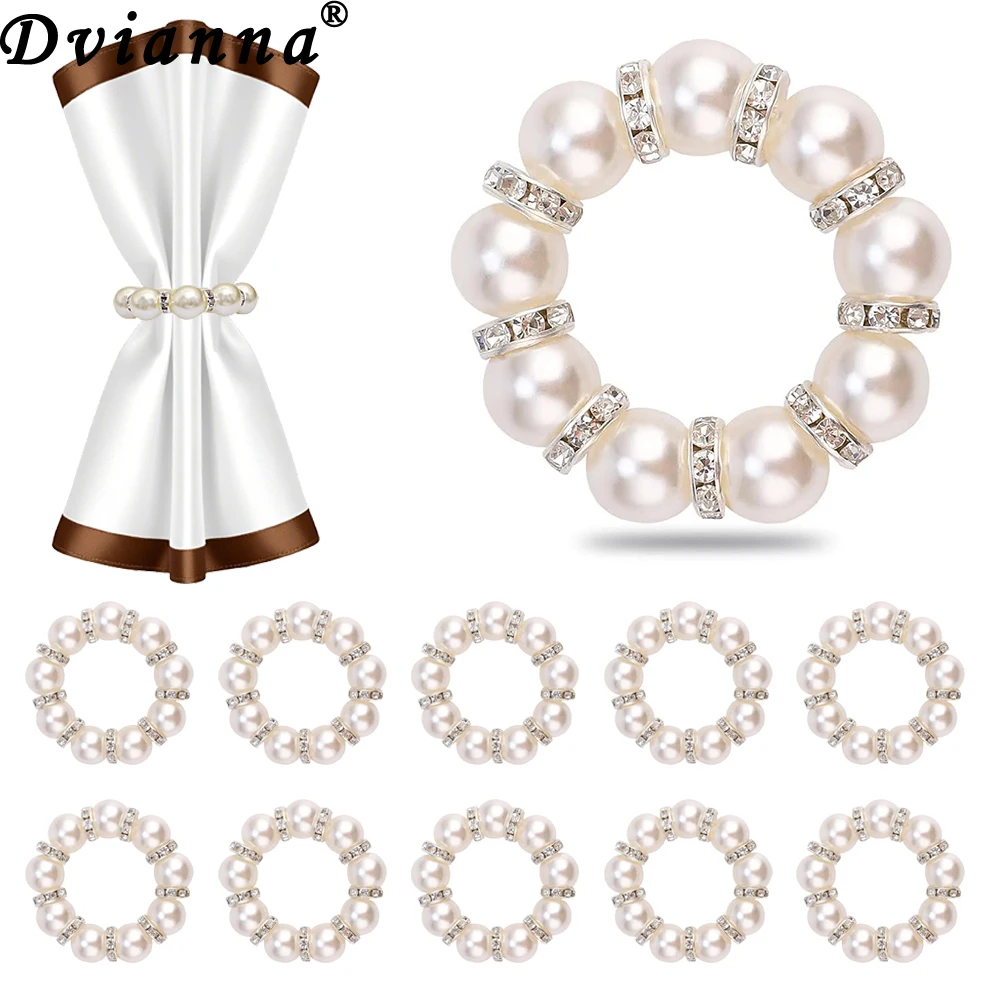 

20Pcs Pearl Napkin Rings Bulk Stretchable Beaded Rhinestone Napkin Buckles Table Decor for Wedding Banquet Luxury Party Supplies