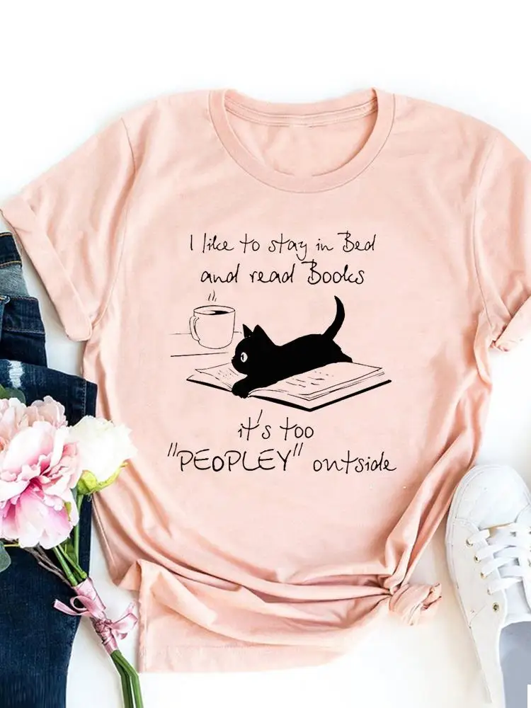 Katze Bücher Trend Brief Nette Grafik T-shirt Frauen Basic Tee Mode Druck T Shirt Kurzarm Damen Kleidung Top Kleidung