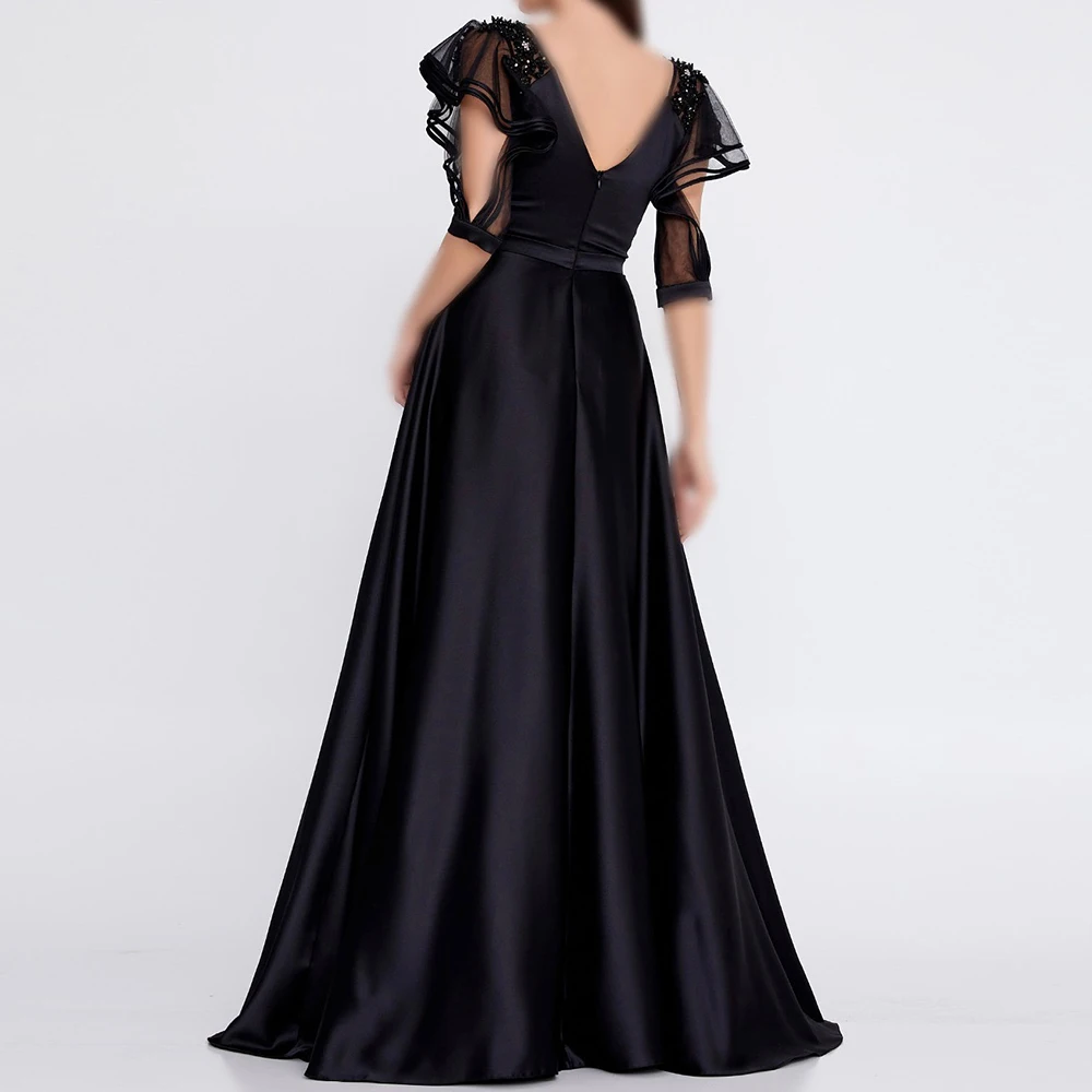 Op maat gemaakte A-lijn avondjurken Vloerlengte V-hals Halve mouw Galajurk Mode Lovertjes Eenvoudige gedrapeerde rugloze feestjurk