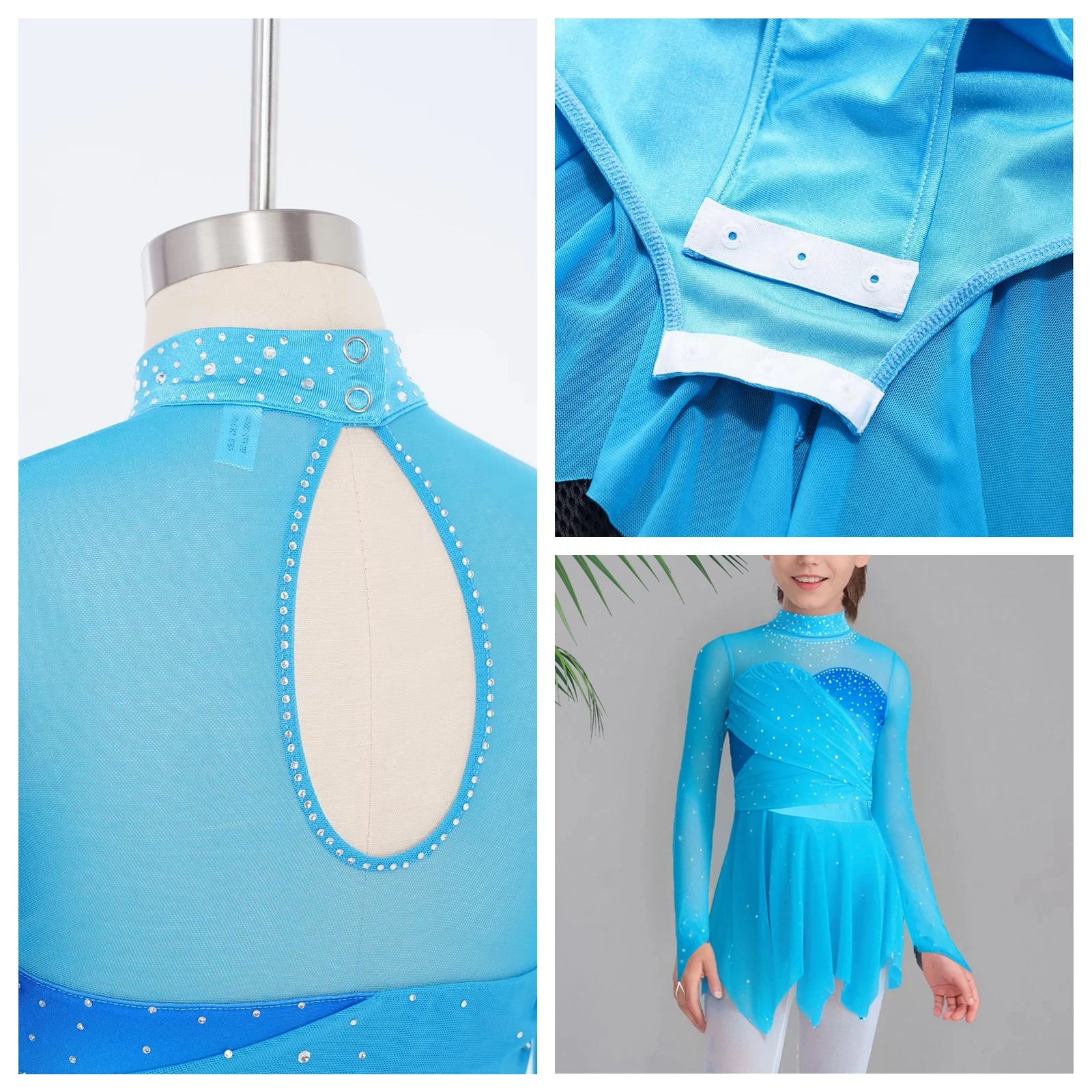 Kids Sheer Mesh Ballet Dance Leotard Dress Ice Skating Costume Long Sleeve Dancewear Girls Rhinestone Figure Skating Dresses