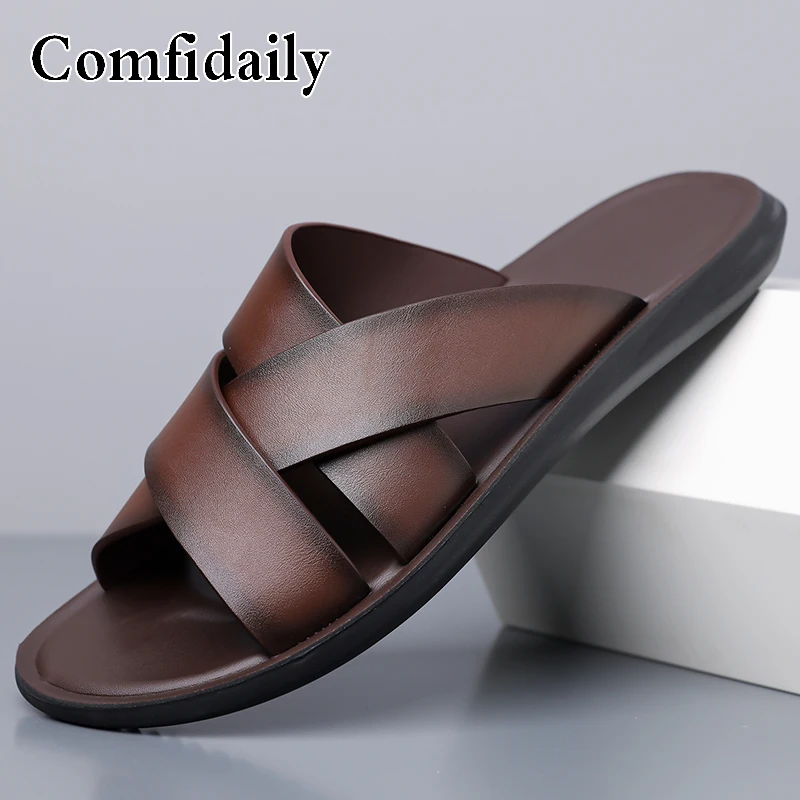 

Men Genuine Leather Non Slip Beach Slides Soft Sole Sandals