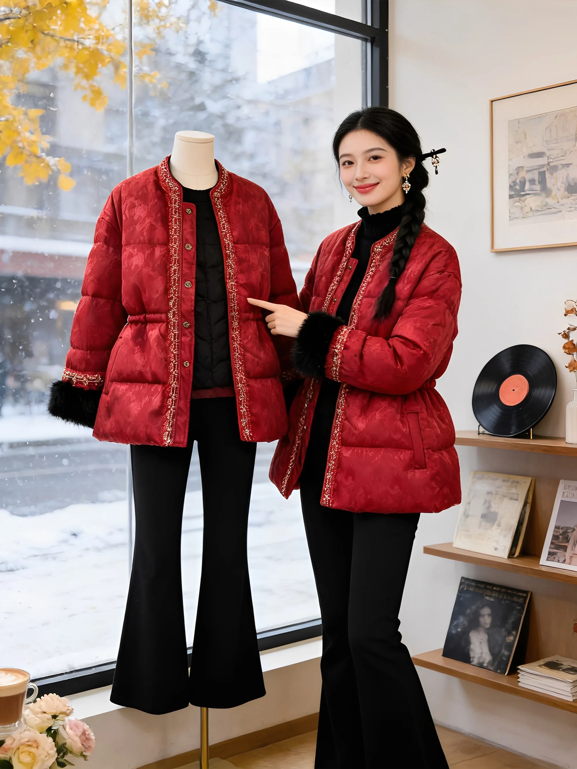 

Ladies Faionable Red Cotton down Jaet Winter Warm Thiened Outerwear Large Size Versatile Sli Anti-aging Coat