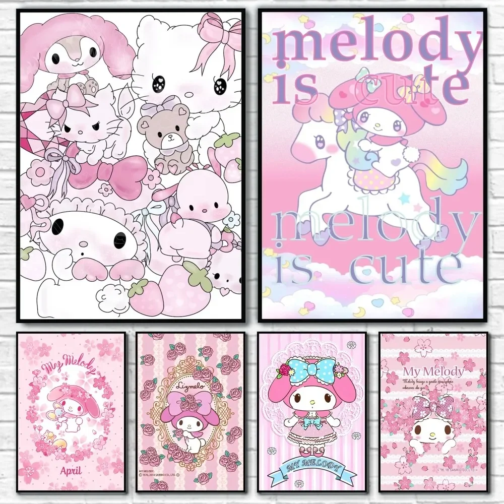 

MINISO My Melody pink Poster Sticky Wall Art Printing Waterproof Home Living Bed Room Bar Aesthetic Decor