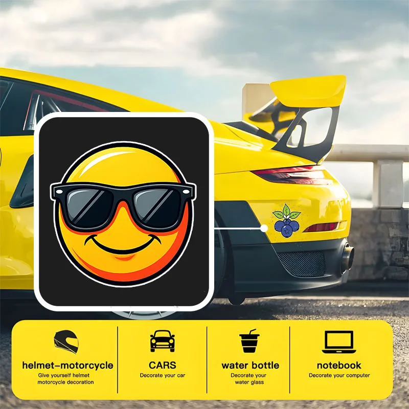 1PC 선글라스를 쓴 멋진 웃는 얼굴 2D 플랫 데칼-자동차 노트북용 방수 생생한 스티커-개인화를 위한 재미있는 트렌디 스타일