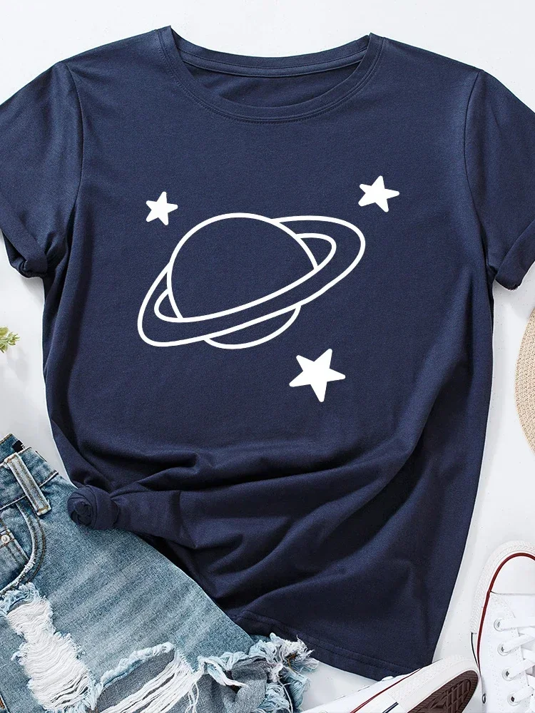 Summer Women Tee Shirt Tops Camisetas Mujer Stars Surround Earth Print T Shirt Women Short Sleeve O Neck Loose Tshirt