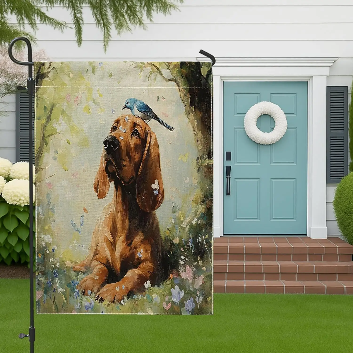 Spring Bloodhound Dog Front Yard Backyard Burlap Garden Flags 12x18 Double Sided for Outdoor, Cute Bluebird Forest Small Hou AAS