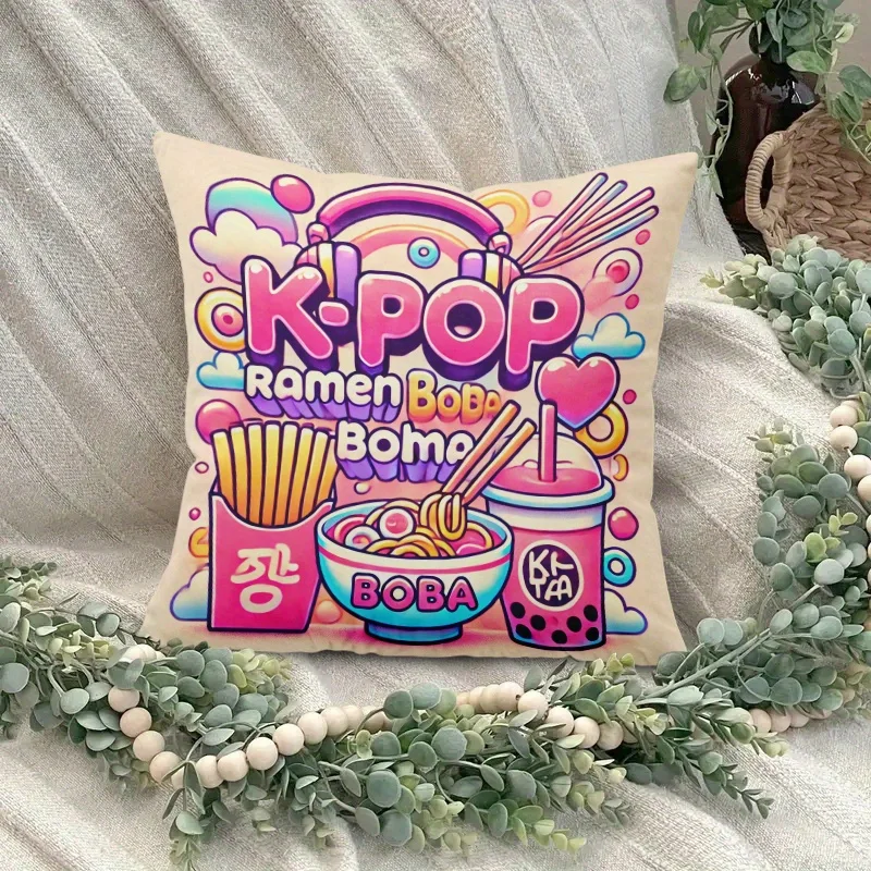 pc K-POP Ramen Boba Print Throw Pillow Cover,Suitable for Sofa,Bedroom,LivingRoom,A Vibrant Gift for K-Food & Pop Culture Lovers