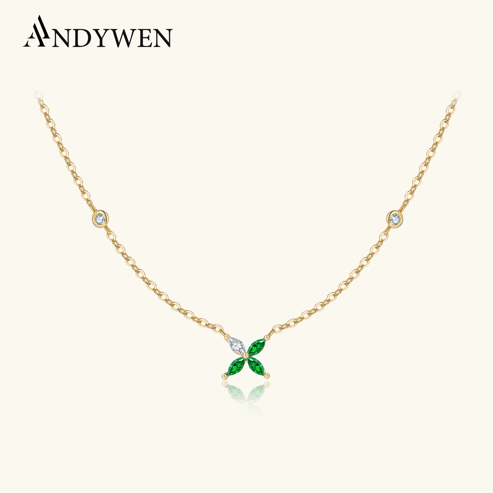 

ANDYWEN стерлингового серебра 925 пробы, зеленый кулон с четырьмя листами, ожерелье с цирконом CZ, роскошный элегантный женский подарок на годовщину свадьбы