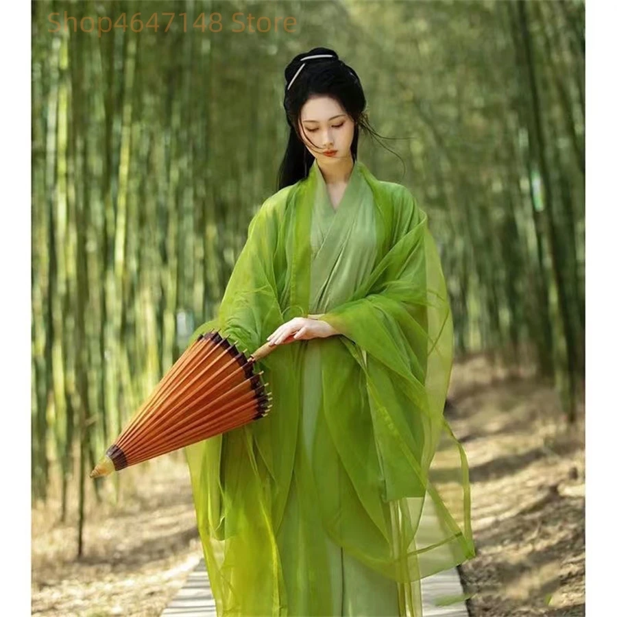 Hanfu Dress Women Chinese Traditional Vintage Hanfu Female Halloween Cosplay Costume Printed Hanfu Green 3pcs Sets Plus Size XL