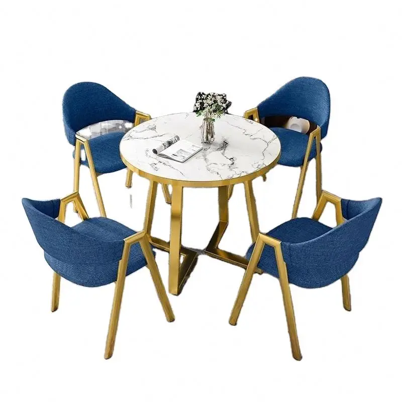 uw- Nordic Style MDF Tabletop Marble Texture Restaurant Tables with Golden Edge PU Leather Chair Restaurant Furniture Set-