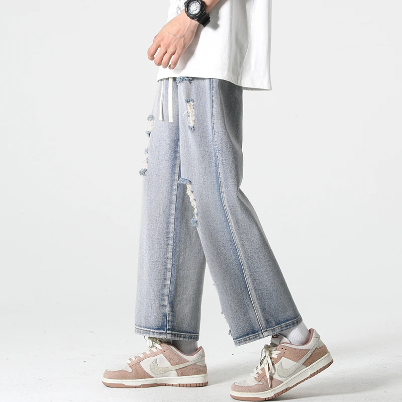 Fashion Elastic Lace Up Washed Hole Straight Jeans Men's Clothing 2024 Spring Summer New Loose Casual High Waist Cropped Pants