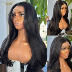 YYsoo Long 1# Black Body Wave Futura Synthetic 13x4 Glueless Lace Front Wigs with Bangs For Black Women Pre Plucked Hairline