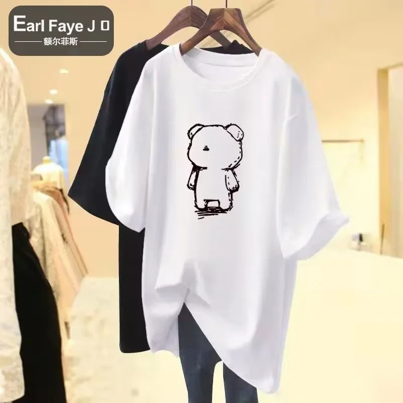 Cartoon Bear Print Women's Summer Fashion T-shirt Kawaii Casual Plus Size Short Sleeved Loose Street Sports T-shirt Cotton Top