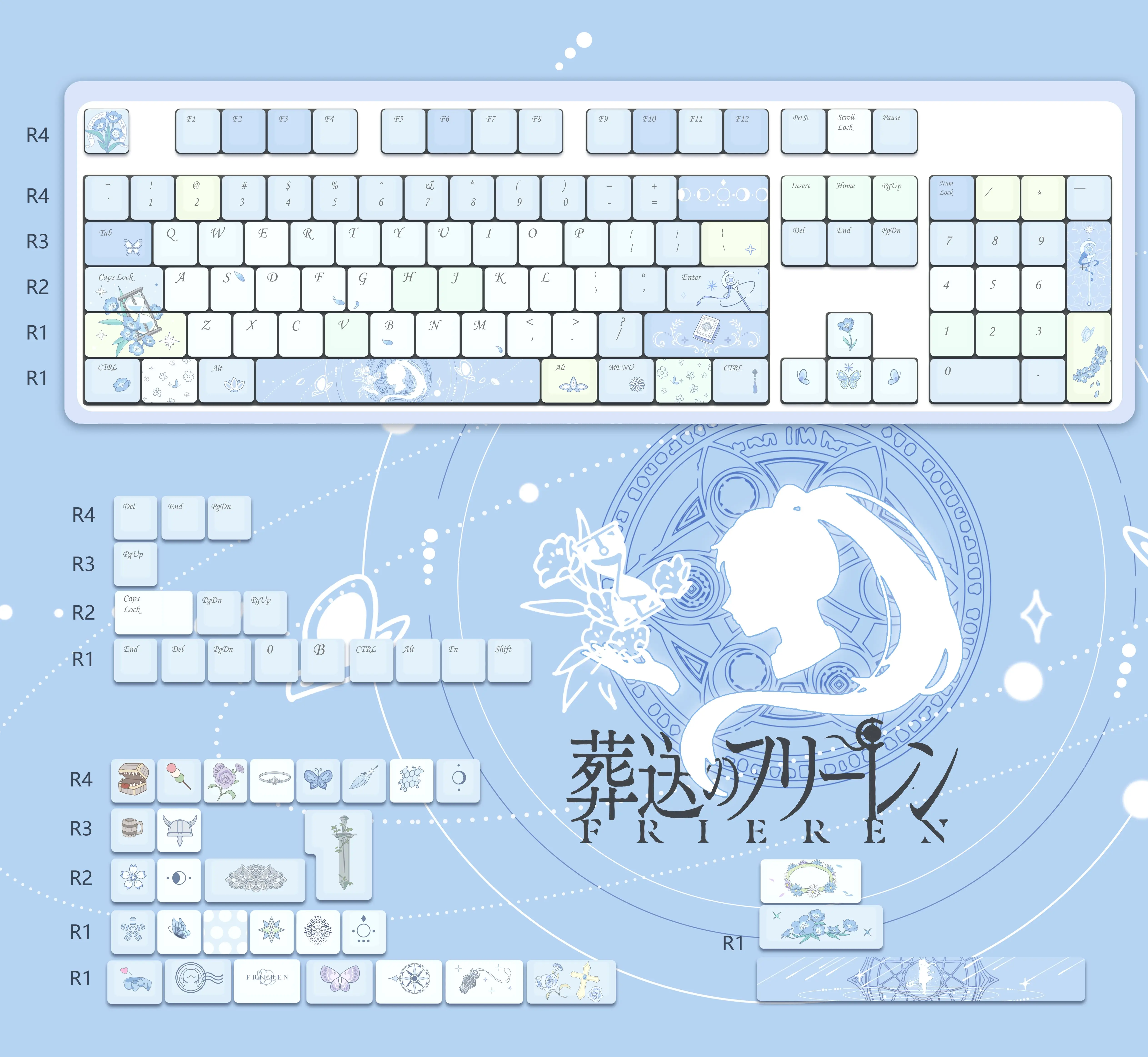 

120-клавишные колпачки Frieren: Beyond Journey's End Cute Cherry Moa PBT, аниме-клавишные колпачки для механической клавиатуры Made68 Mad68 Wooting 60, механическая клавиатура