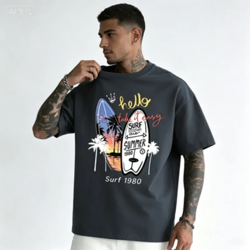 T‑Shirt Hello Take It Easy Surf Summer 1980 Vintage Surfboard Palm Tree Graphic Print Crew Neck Tee Trendy Holiday Present Gift